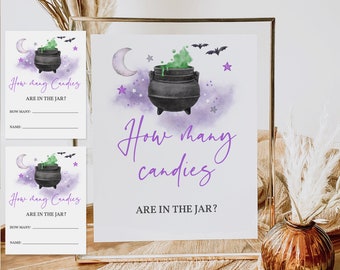 Halloween How many candies are in the jar sign and ticket Halloween baby shower game baby is brewing Editable Printable Download Haba3