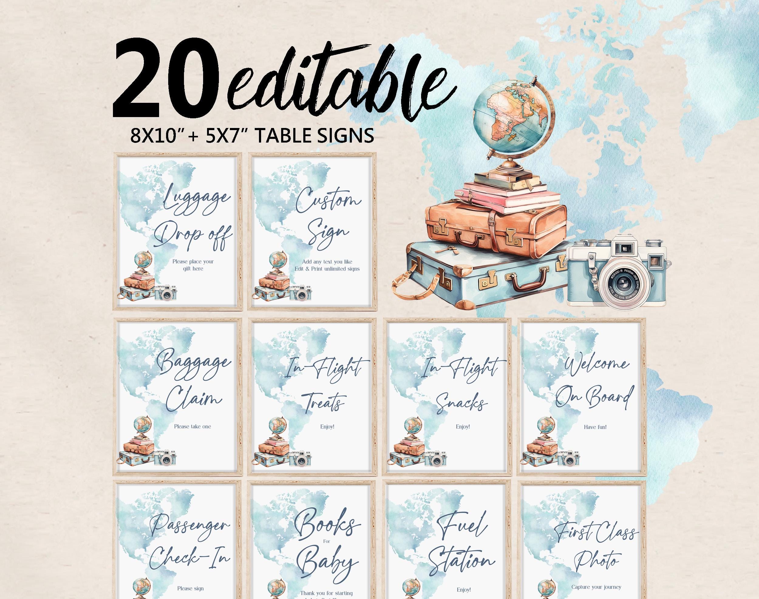 Set de letreros para mesa de baby shower con mapa de acuarela, paquete de letreros de aventura para baby shower, editables, con temática de viajes, imprimibles, neutrales, Bab266