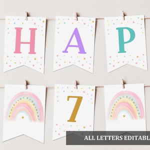 Pastel Rainbow Banner Birthday Bunting Banner Rainbow Baby shower garland Decor 1st birthday Digital Editable Printable Download Bir299