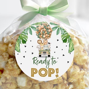 Bereit für Pop-Aufkleber Dschungel-Babyparty-Dschungeltiere Safari Popcorn Tags Taschenetiketten Favor Tags Printable NICHT bearbeitbar Download Bab153