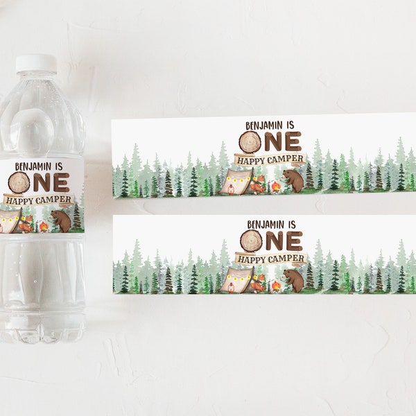 One happy camper Water bottle label Camping birthday water bottle wrapper Camping party Favor label Editable Printable Download Bir335