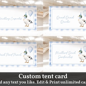 Tarjeta de carpa para fiesta de pato real, tarjeta de carpa para comida de un pato de la suerte, tarjeta editable para colocar un pato, decoración de cumpleaños a cuadros azules imprimible Bir465
