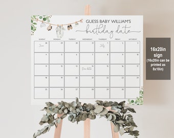 Op de afbeelding: Een printbaar bord van 40,6 x 50,8 cm met een kalender waarop gasten de geboortedatum van Baby William kunnen raden. De kalender is voor juni en juli. Het bord heeft een bloemig ontwerp met groen en een waslijn met hangende babyartikelen. De tekst op het bord luidt "Raad de geboortedatum van Baby William".