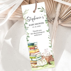 Verhalenboek baby shower bladwijzer sjabloon afdrukbaar boek thema baby shower bladwijzer bewerkbare groen konijntjes genderneutraal label Bab217