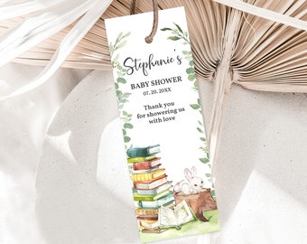 Storybook Baby Shower Bookmark Template Printable Book Themed Baby Shower Bookmark Editable Greenery Bunnies Gender neutral Tag Bab217