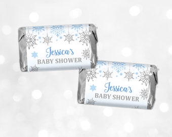 Winter mini chocolate wrapper  Blue silver glitter Snowflake  Baby shower favor  Download  EDITABLE  Bab17