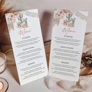 Modèle de menu Fiesta mexicaine Shower de bébé douche nuptiale carte de menu mariage herbe de la pampa bohème Menu de baby shower modifiable Bri27 imprimable Bab252