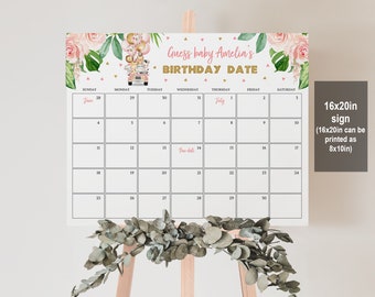 May include: A pink and gold printable sign with a calendar for a baby shower. The sign says "Guess baby Amelia's Birthday Date" and has a cute illustration of a jungle animal family in a pink jeep. The calendar is for June and July and has a space to mark the due date.