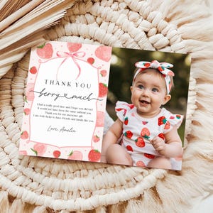 Strawberry First Birthday Thank You Card: Photo Editable Bir429