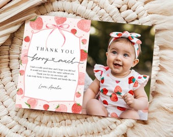 Strawberry First Birthday Thank You Card: Photo Editable Bir429
