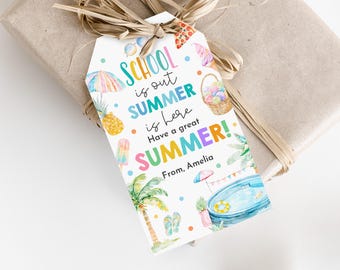 May include: A colorful summer-themed gift tag with the text "SCHOOL is out SUMMER is here Have a great SUMMER!" and "From, Amelia". The tag features illustrations of a beach umbrella, palm trees, ice cream, pineapples, and a pool.