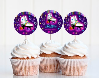 May include: Three purple and neon cupcake toppers featuring a roller skate design. The toppers depict a white roller skate with rainbow laces and pink wheels. The text on the middle topper reads "Charlotte's 10th Birthday".