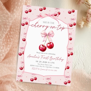 Invito di compleanno con ciliegie, invito per il primo compleanno con ciliegie, invito per il primo compleanno con fiocco rosa e bacche, invito per il primo compleanno di una bambina Bir488