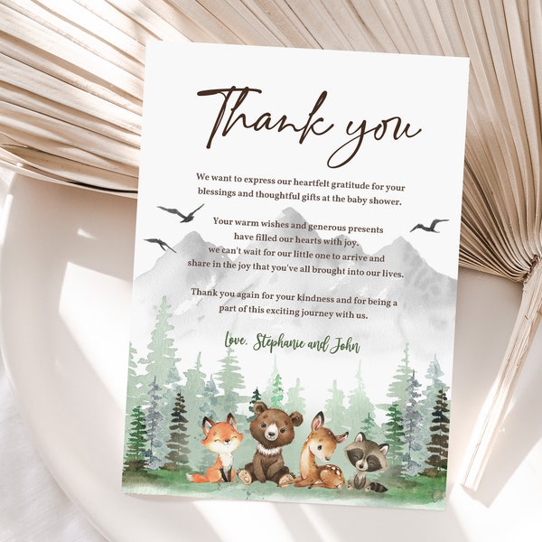 Editable Woodland animals Thank you card Let the Adventure Begin Pine Tree Baby Shower Thank you note Forest Mountain Printable Bab194