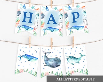 Peut inclure: Une bannière imprimable bleue et blanche avec le mot "HAPPY" en lettres bleues. La bannière présente un motif aquarelle de baleines, d'étoiles de mer et d'algues. Le texte "ALL LETTERS EDITABLE" est en bas de l'image.