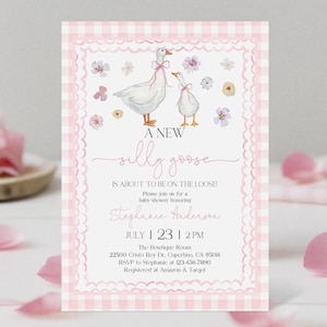 Silly Goose Baby Shower Invitation Pink Floral baby Shower Invite Printable Girl Mother Goose Pink Gingham Invite Editable Template Bab347