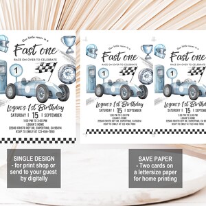 May include: A blue and white race car themed invitation for a first birthday party. The invitation features a blue race car with a checkered flag, a trophy, and a gas pump. The text on the invitation reads "Our little racer is a Fast one. Race on over to celebrate. Logan's 1st Birthday. Saturday 15 September. 1:00 PM to 3:00 PM. Logan's Home. 22500 Cristo Rey Dr. Cupertino, CA 95014. RSVP to Emily at 123-456-7890."