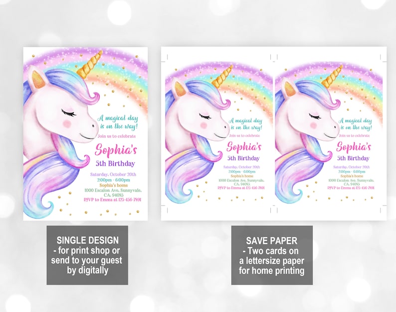 Unicorn Birthday Invitation Rainbow Unicorn Party Gold Glitter Pink Girl Magical Day Invites Digital Editable Printable Download Bir249 image 3