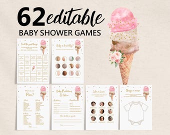 Baby Shower Games: Ice Cream Theme Bundle (62 Editable Cards Bab92)