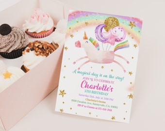 Unicorn Birthday Invitation: Rainbow Gold Glitter, Editable Pink Girl Bir219