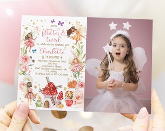 May include: A pink and green fairy-themed birthday invitation with gold glitter stars and the text "Let's flutter & twirl to celebrate the birthday girl Charlotte is turning 4. Saturday, November 30th 2:00 PM Charlotte's Home 1000 Escalon Ave. Sunnyvale, CA. 94085 RSVP to Emily at 123-456-7590".