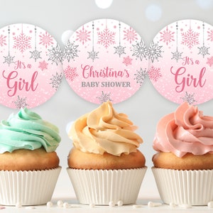 Winter baby shower cupcake toppers pink silver snowflake decor  Download  EDITABLE  Bab59