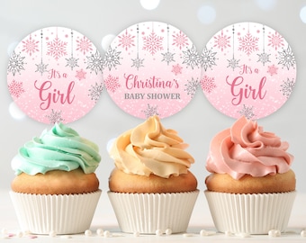 Winter baby shower cupcake toppers pink silver snowflake decor  Download  EDITABLE  Bab59