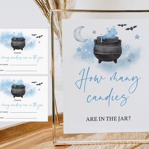 Halloween How many candies are in the jar sign and ticket Halloween Boy baby shower game baby is brewing Editable Printable Download Haba2