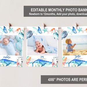 Editable Sea Birthday Monthly Photo Banner Ocean Animal 1st Birthday Banner Ocean Party Decoration Printable Download Bir306