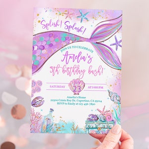 Mermaid Birthday Invitation, Under the Sea Theme (Editable Purple Teal Gold Bir321)