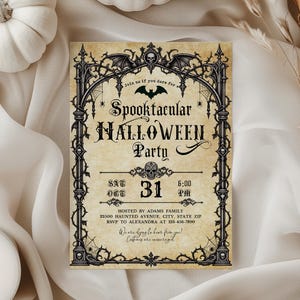 May include: A rectangular Halloween party invitation on aged parchment paper with a black gothic arch frame featuring bats, skulls, and spiderwebs. The text reads: Join us if you dare for a Spooktacular HALLOWEEN Party, SAT OCT 31 6:00 PM, hosted by Adams Family.