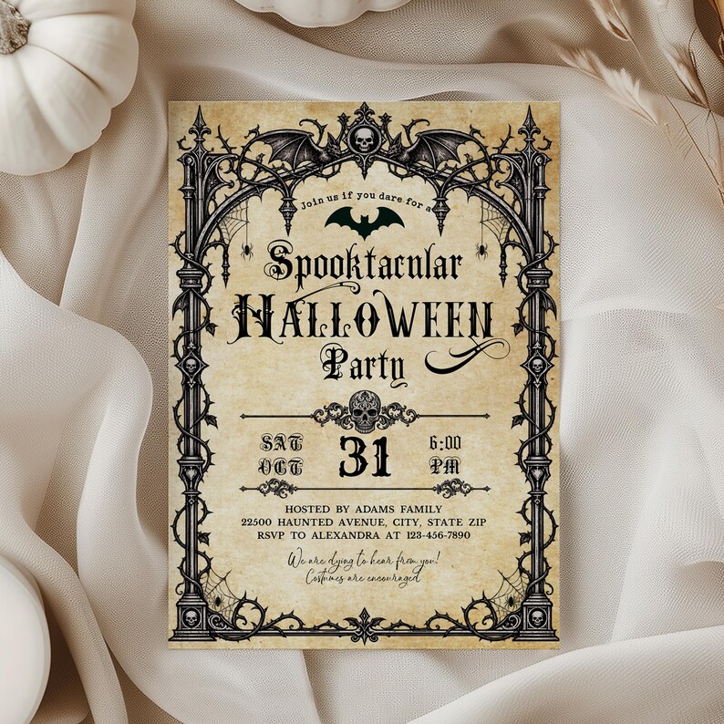 May include: A rectangular Halloween party invitation on aged parchment paper with a black gothic arch frame featuring bats, skulls, and spiderwebs. The text reads: Join us if you dare for a Spooktacular HALLOWEEN Party, SAT OCT 31 6:00 PM, hosted by Adams Family.