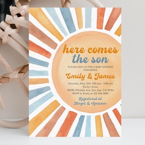 Retro Sun Baby Shower Invitation Here Comes the Son Invitation Groovy Baby Boy Shower Invite Digital Editable Printable Download Bab196