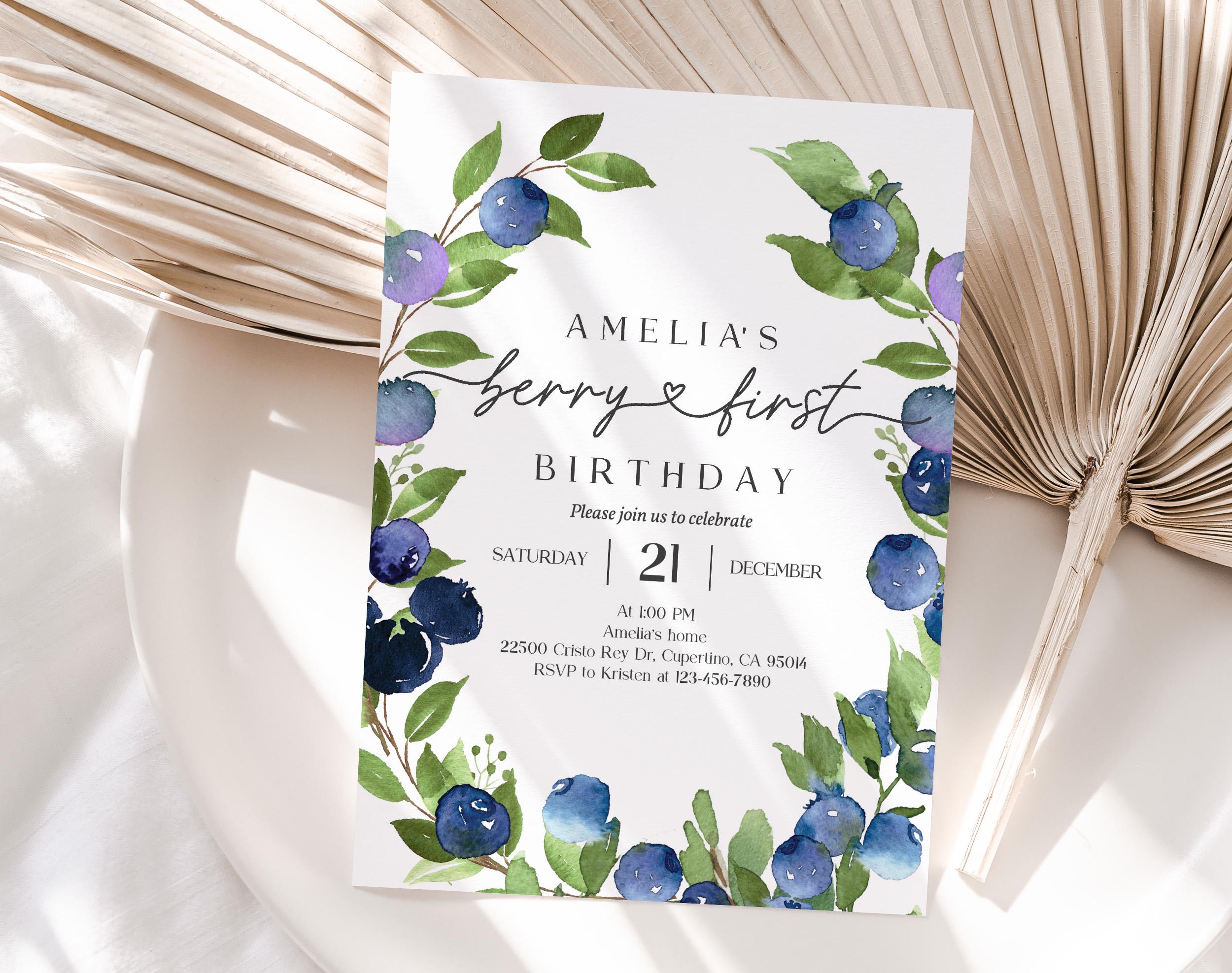 Berry Sweet First Birthday Invitation Blueberry Picking Party