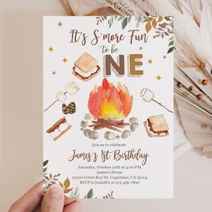 S&#39;more 1st Birthday Invitation S&#39;more party Invite Camping party Campfire Bonfire Smore Fun Neutral First fall Printable Editable Bir383