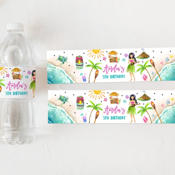 Hawaiian Birthday water bottle label Tropical party water bottle wrapper Luau Pool party Favor Decor Editable Printable Download Bir363