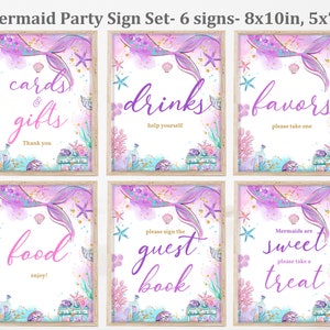 Ensemble de 6 panneaux de signalisation de fête d'anniversaire de sirène, anniversaire de la mer, décoration de table rose violet, téléchargement numérique modifiable imprimable Bir321