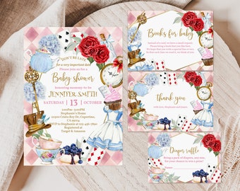 Ensemble d'invitations pour baby shower Alice au pays des merveilles Chapelier fou Tea Party Invitation Pack rose sarcelle Floral Girl modifiable numérique imprimable Bab132