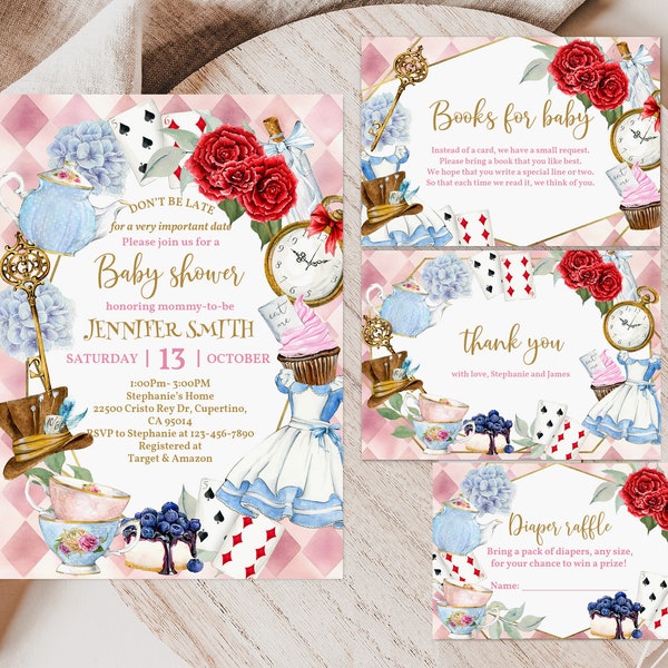 Alice in Wonderland Baby Shower Invitation Set Mad Hatter Tea Party Invite Pack Pink Teal Floral Girl Editable Printable Digital Bab132