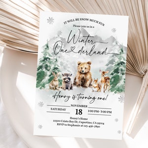 Winter ONEderland Woodland Birthday Invitation Forest Animals 1st Birthday Invite Botanical Green Forest Snowflake Editable Printable Bir386