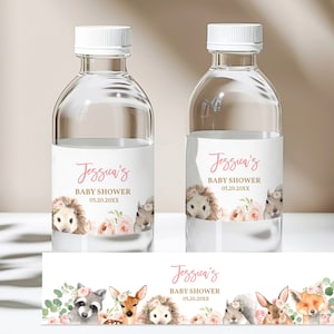 Woodland Baby Shower Water Bottle Label Forest Animals Wrapper Floral Girl Baby Shower Favor EDITABLE Digital Download Bab149