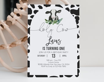 Holy Cow First Birthday Invitation - Editable Farm Theme Bir328