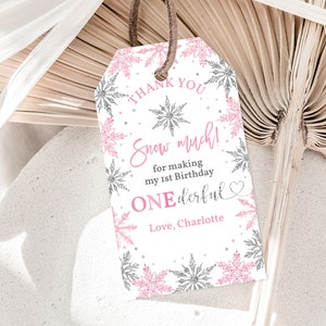 Winter Onederland Geschenkanhänger Schneeflocke Geburtstag Danke Schnee viel Favor Tag Rosa Silber glitter Mädchen 1 bearbeitbar druckbar Download Bir19