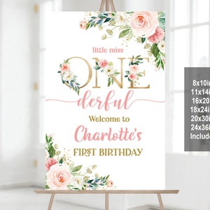 Cartello di benvenuto floreale per compleanno, poster di benvenuto floreale rosa cipria, decorazione per feste Little Miss Onederful, bambina, 1° anno, stampabile, modificabile, scaricabile Bir303