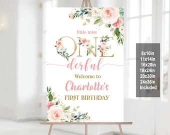 Cartello di benvenuto floreale rosa cipria per compleanno - Modificabile per la prima festa della bambina Bir303