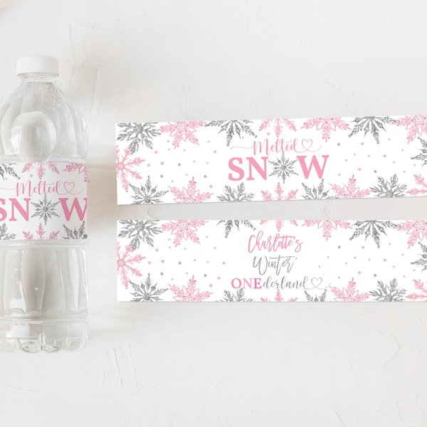 Melted snow water bottle labels Winter onederland Birthday Water Label Pink silver glitter girl 1st Editable Printable Download Bir19