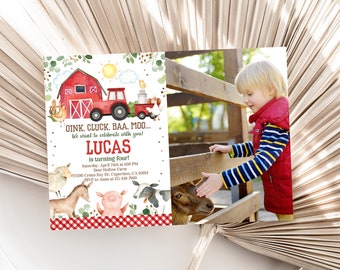 May include: A farm-themed birthday party invitation featuring a red barn, tractor, and farm animals. The invitation includes the text "OINK. CLUCK. BAA. MOO... We want to celebrate with you!" and the name "LUCAS" with party details. A young child is petting a goat.