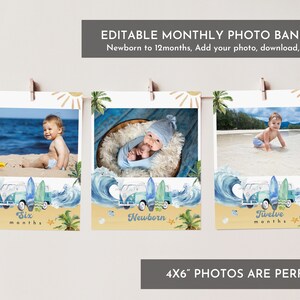 Editable Surfing birthday monthly photo banner Surf Milestone Banner The Big ONE 1st year photos Printable Beach Ocean Summer Retro Bir345