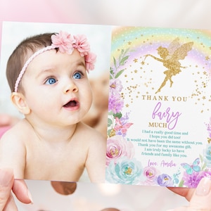 Carte de remerciement modifiable de fête d'anniversaire de fée, note de remerciement d'anniversaire de princesse magique féerique magique, imprimable numérique Bir274