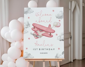 Welcome Sign for Airplane Party: Girl 1st Birthday - Editable Design Bir456